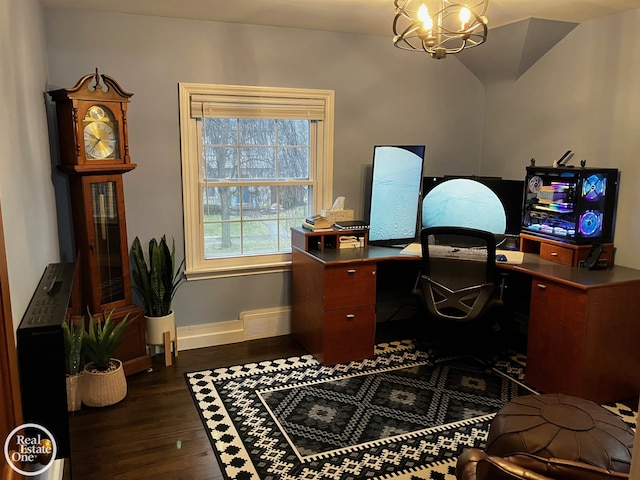 office featuring dark wood-type flooring and a notable chandelier