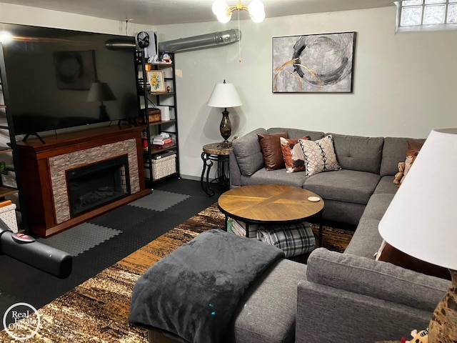 living room with a fireplace