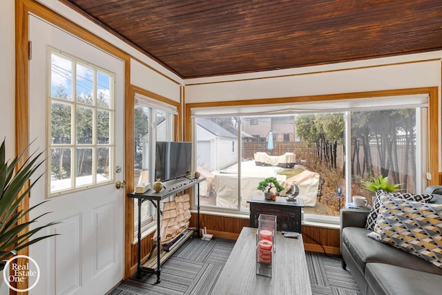 sunroom / solarium with wooden ceiling