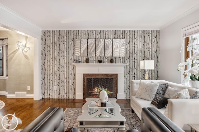 living room with ornamental molding and dark hardwood / wood-style floors