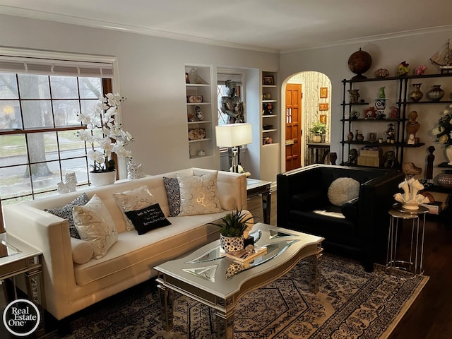 living room with crown molding, dark hardwood / wood-style flooring, and built in shelves