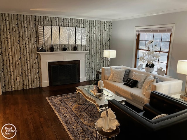 living room featuring ornamental molding and dark hardwood / wood-style flooring