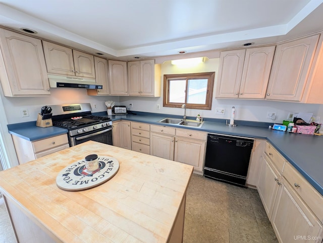 kitchen featuring dishwasher, stainless steel range with gas cooktop, sink, and light brown cabinets