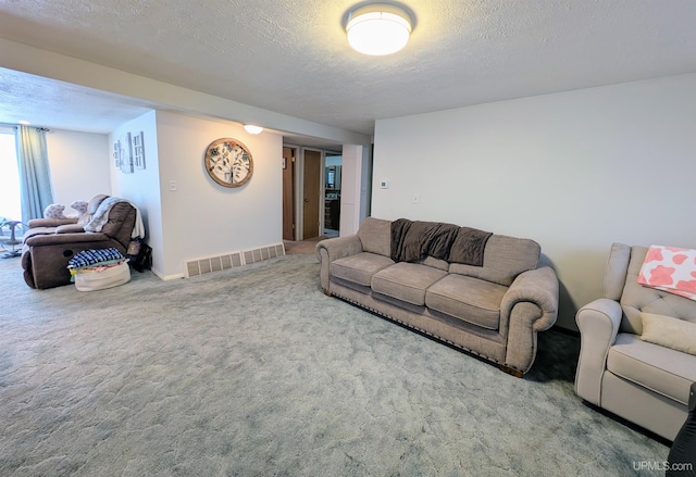 living room featuring a textured ceiling and carpet flooring