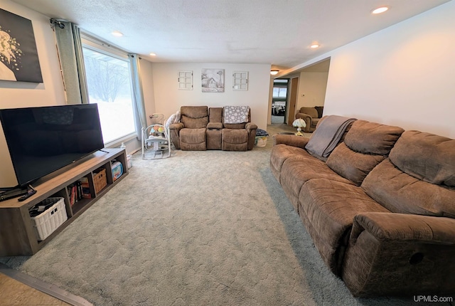 carpeted living room with a textured ceiling