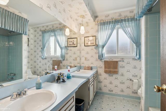 full bathroom featuring vanity, shower / bathing tub combination, tile patterned flooring, and toilet