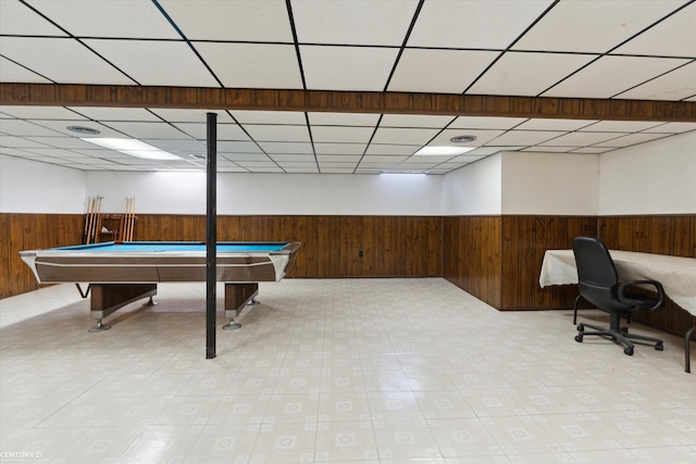 game room featuring wooden walls, billiards, and a paneled ceiling