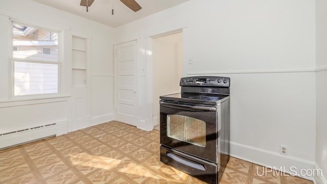 kitchen featuring black / electric stove, ceiling fan, a baseboard radiator, and light parquet floors