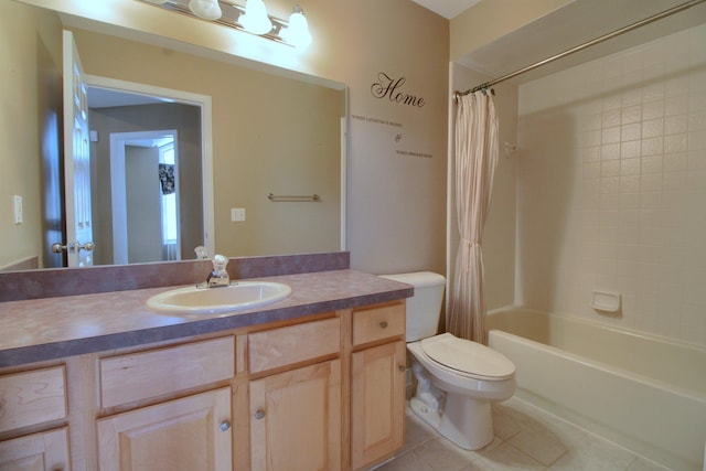 full bathroom featuring vanity, tile patterned floors, toilet, and shower / bathtub combination with curtain