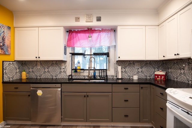 kitchen with white cabinetry, white electric range oven, dishwasher, and sink