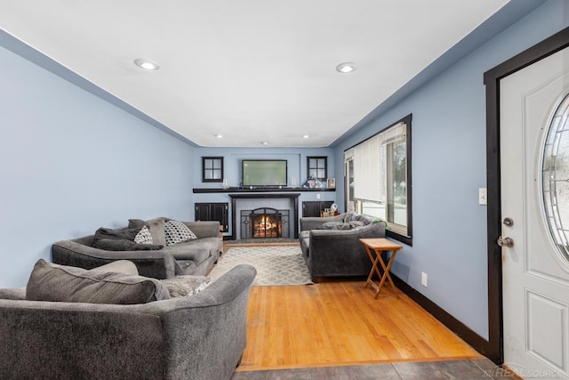 living room featuring hardwood / wood-style floors, a fireplace, and a healthy amount of sunlight