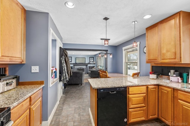 kitchen featuring light stone counters, decorative light fixtures, electric range, dishwasher, and kitchen peninsula