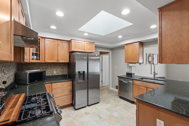 kitchen featuring extractor fan, sink, tasteful backsplash, a skylight, and appliances with stainless steel finishes