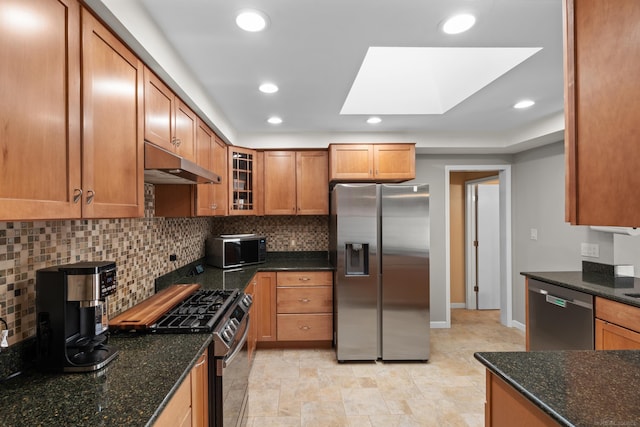 kitchen with dark stone countertops, a skylight, tasteful backsplash, and appliances with stainless steel finishes