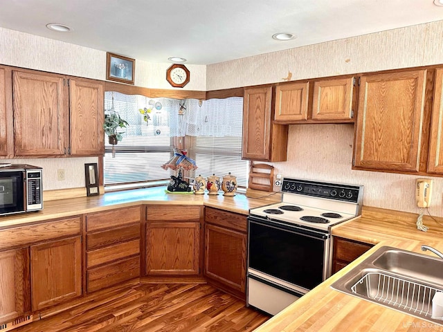 kitchen featuring sink, hardwood / wood-style flooring, and white electric stove