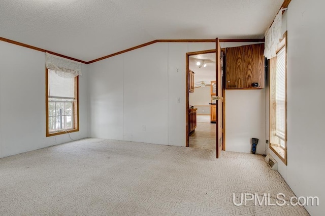 empty room with light colored carpet, ornamental molding, vaulted ceiling, and a textured ceiling