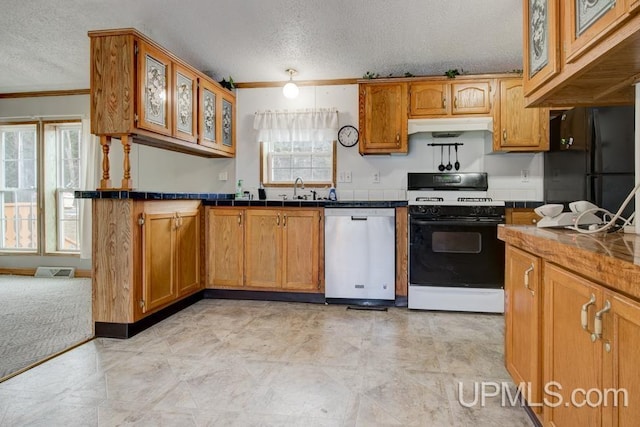 kitchen with a healthy amount of sunlight, stainless steel dishwasher, a textured ceiling, and gas range oven