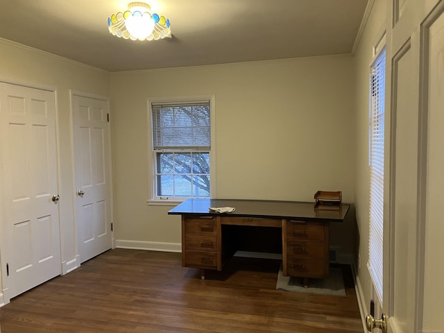 unfurnished office with ornamental molding and dark hardwood / wood-style floors