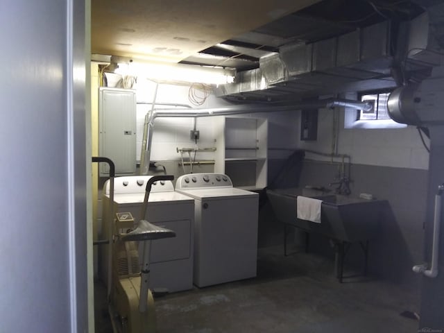 laundry area with electric panel and washer and clothes dryer