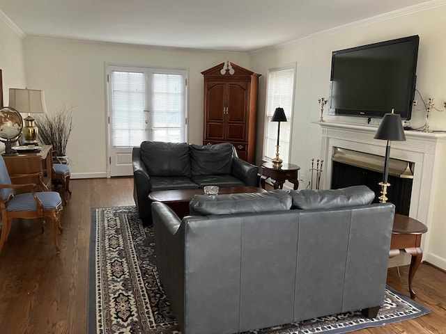 living room featuring crown molding and hardwood / wood-style flooring