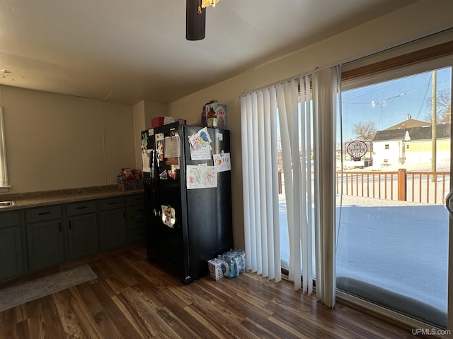 interior space with dark wood-type flooring and ceiling fan