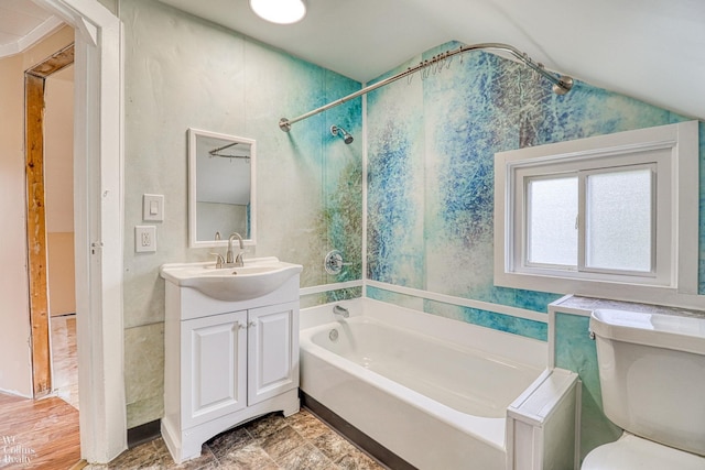 bathroom featuring vanity, toilet, and a washtub