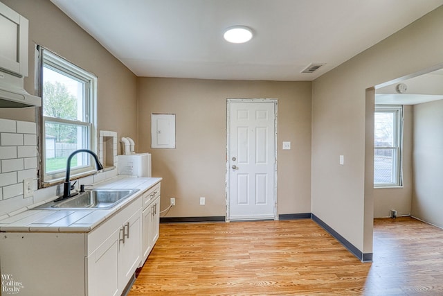 kitchen with white cabinetry, sink, backsplash, and light wood-type flooring