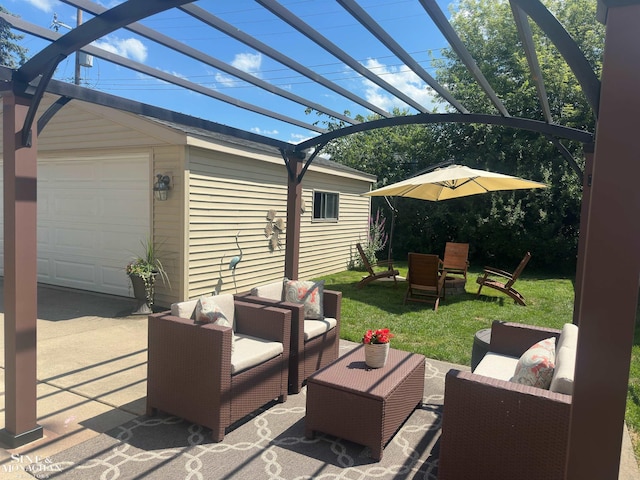 view of patio / terrace featuring a garage, outdoor lounge area, an outdoor structure, and a pergola