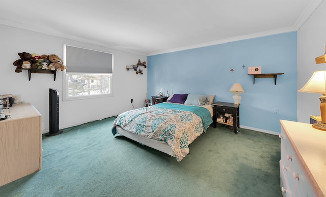 carpeted bedroom featuring crown molding