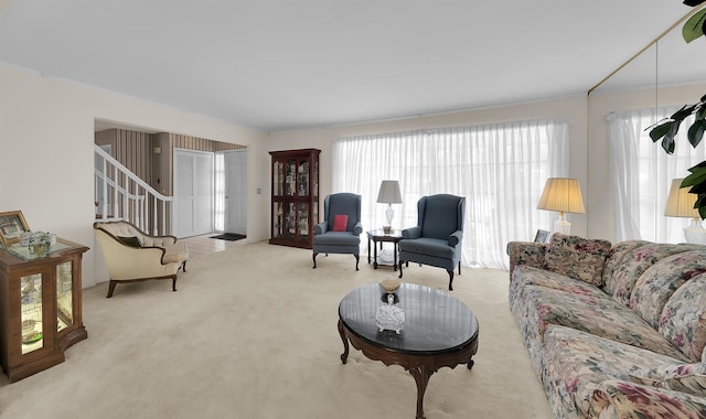 living room featuring light colored carpet