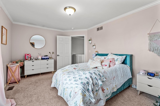 carpeted bedroom featuring crown molding