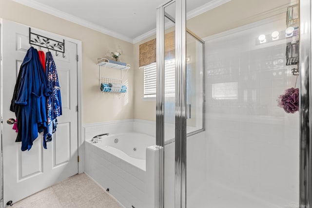 bathroom with tile patterned floors, ornamental molding, and plus walk in shower