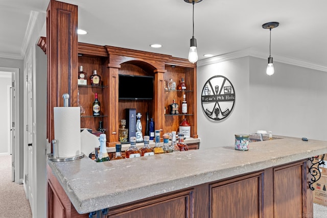 bar with light stone countertops, crown molding, pendant lighting, and light colored carpet