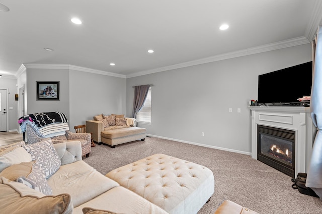 living room featuring light carpet and ornamental molding