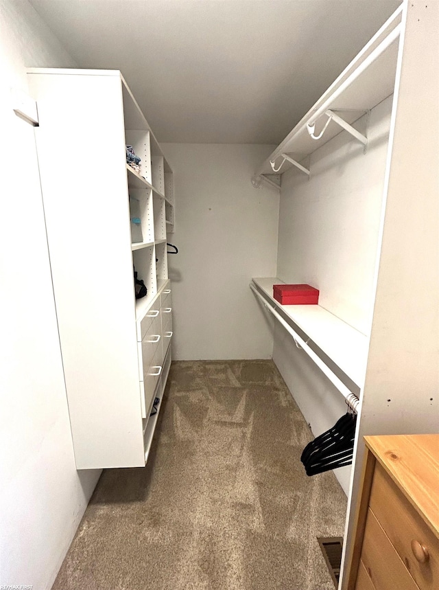 walk in closet with dark colored carpet