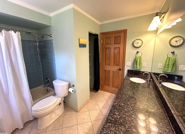 full bathroom with tile patterned floors, toilet, ornamental molding, shower / bathtub combination with curtain, and vanity