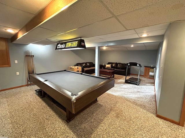 game room with a drop ceiling and carpet flooring