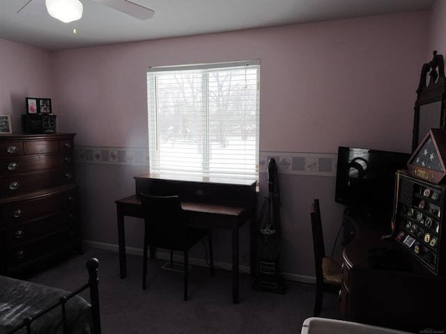 bedroom with ceiling fan and carpet floors