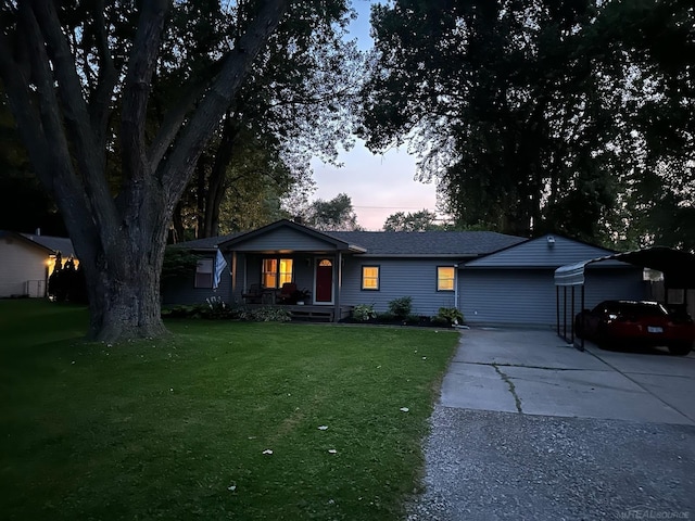 ranch-style house featuring a lawn, a carport, and a porch