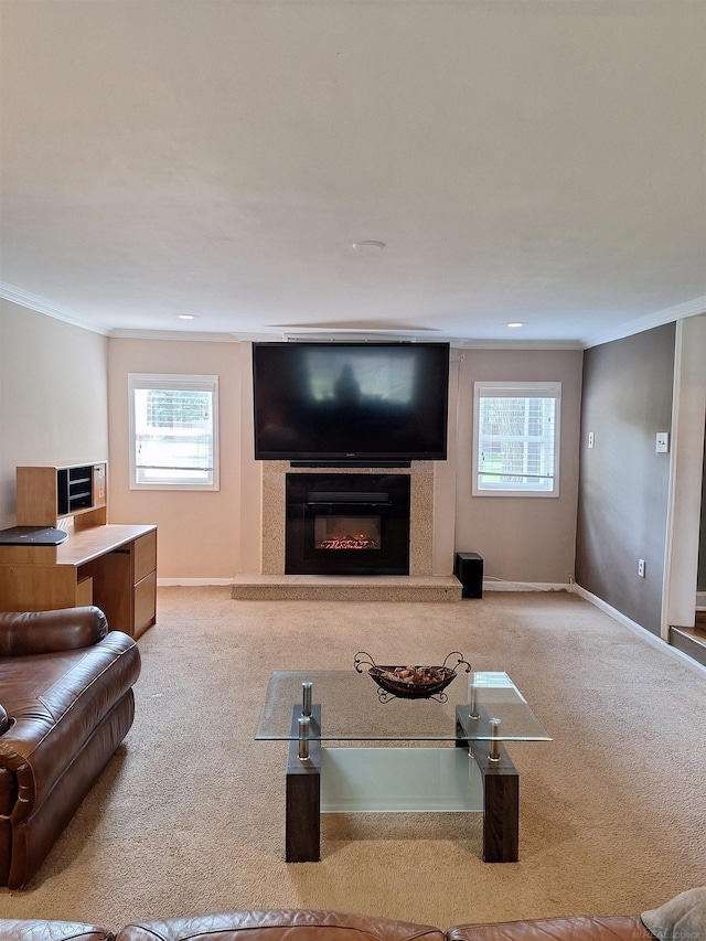 living room featuring crown molding, plenty of natural light, and light colored carpet