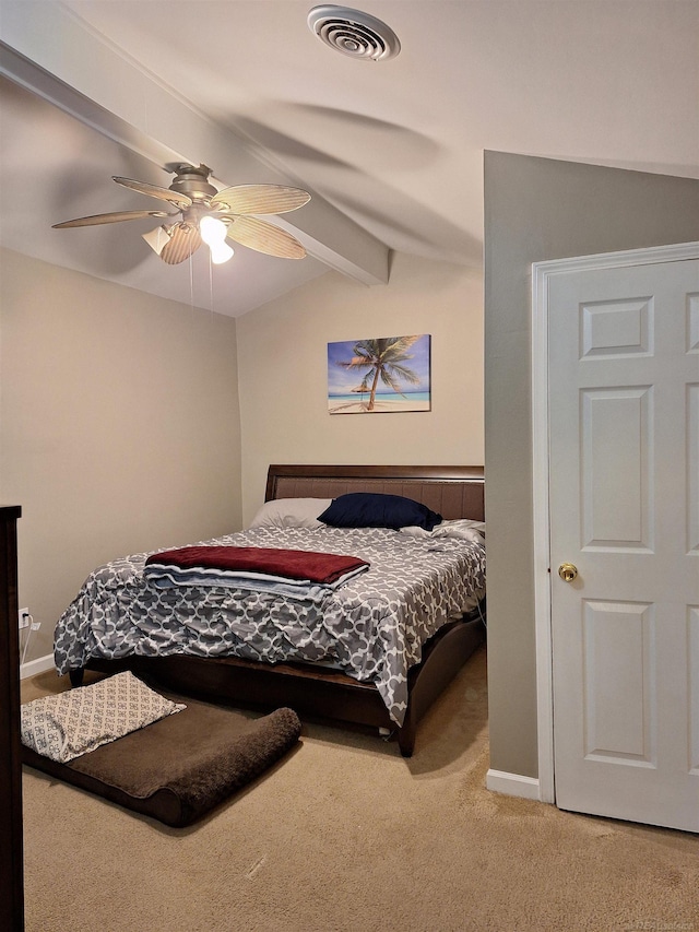 carpeted bedroom featuring vaulted ceiling with beams and ceiling fan