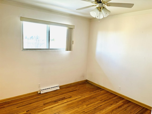 empty room with ceiling fan, hardwood / wood-style floors, and a baseboard heating unit