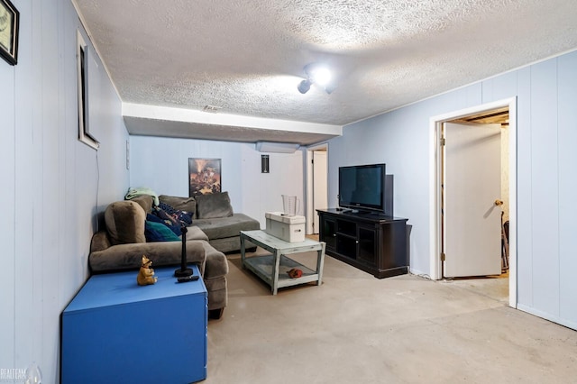 living room with a textured ceiling