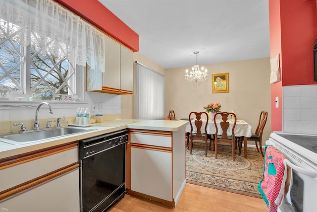 kitchen with pendant lighting, dishwasher, sink, white cabinets, and kitchen peninsula