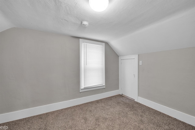 additional living space featuring lofted ceiling, carpet flooring, and a textured ceiling