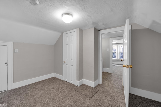 additional living space featuring vaulted ceiling, carpet flooring, and a textured ceiling