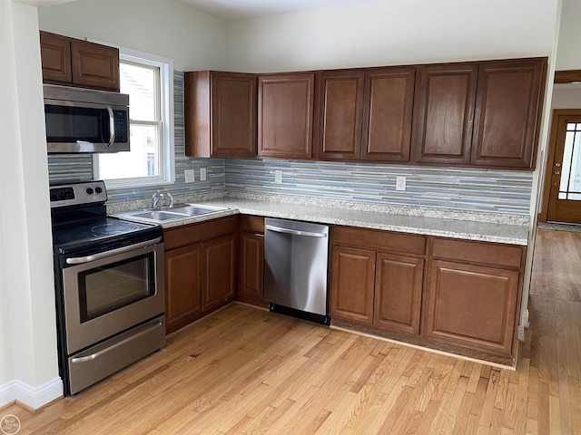 kitchen featuring tasteful backsplash, appliances with stainless steel finishes, sink, and light wood-type flooring