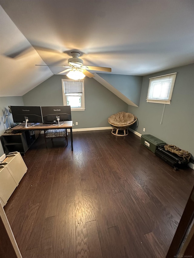 bonus room featuring vaulted ceiling, dark hardwood / wood-style floors, and ceiling fan