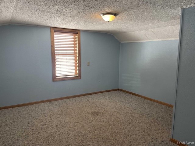 additional living space with vaulted ceiling, carpet floors, and a textured ceiling