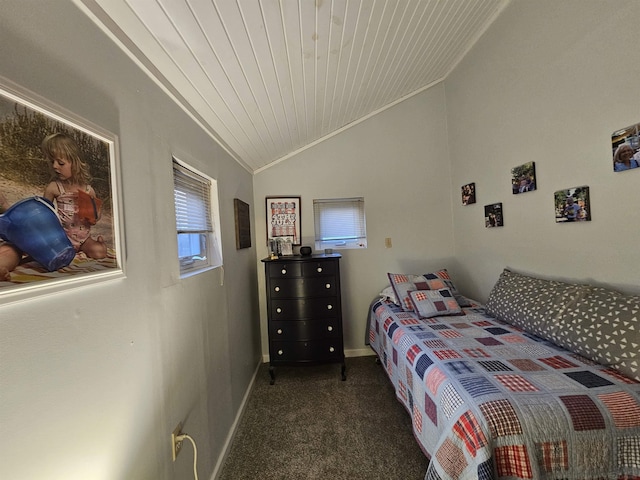 carpeted bedroom with lofted ceiling and wooden ceiling